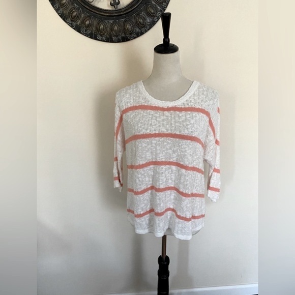 Sonoma Tops - Sonoma Peach and White Striped Loose Knit Lightweight Sweater 3/4 length sleeves